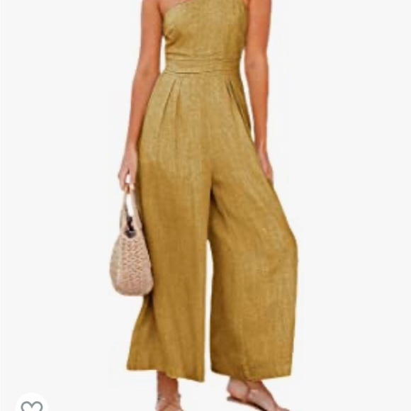 Wide Leg Jumpsuit One Shoulder Spaghetti Strap Pleated Romper with Pockets - Picture 4 of 5